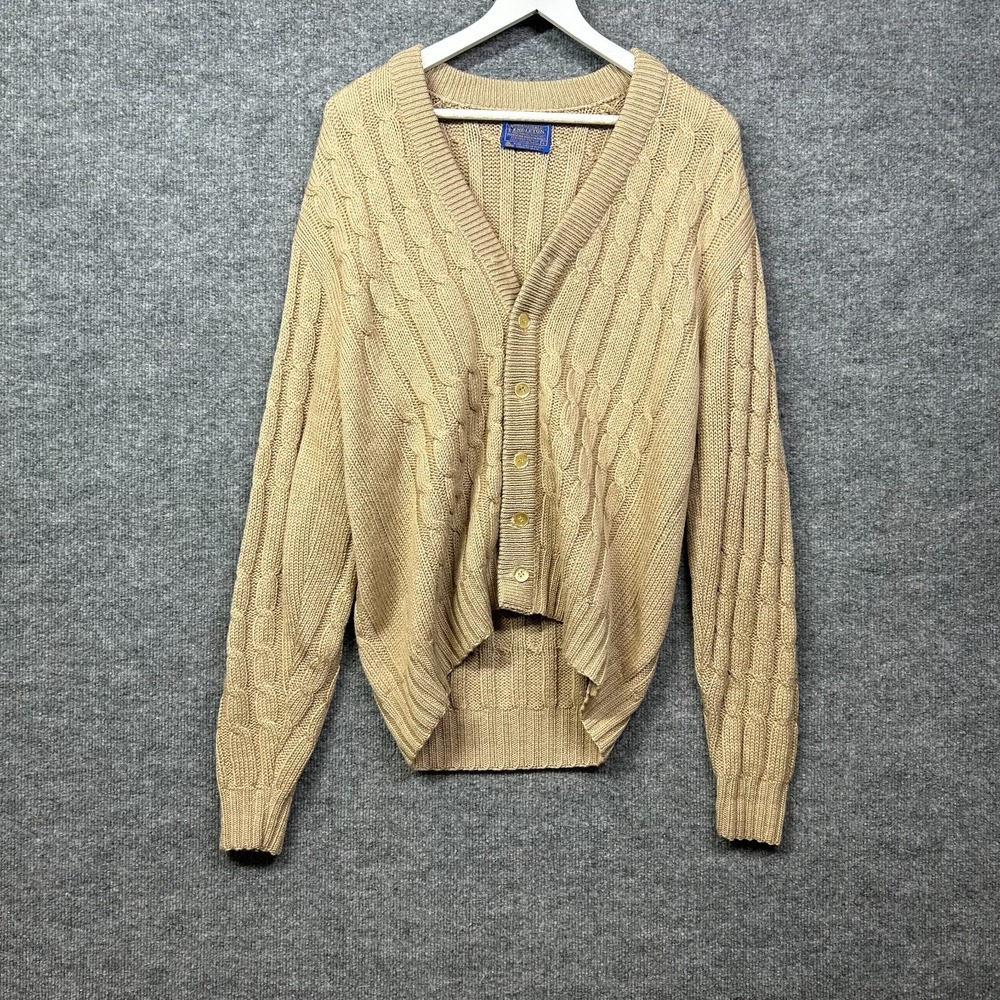 Vintage Pendleton Cardigan Sweater Men's Beige Cable Knit V-Neck USA Made - L